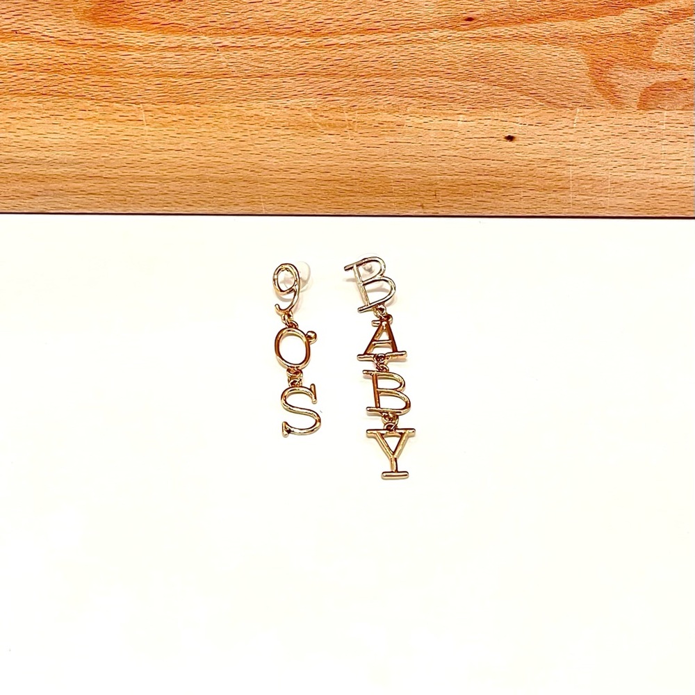 NWOT 90’S BABY Spelled-out Long Gold Earrings w/ Backings